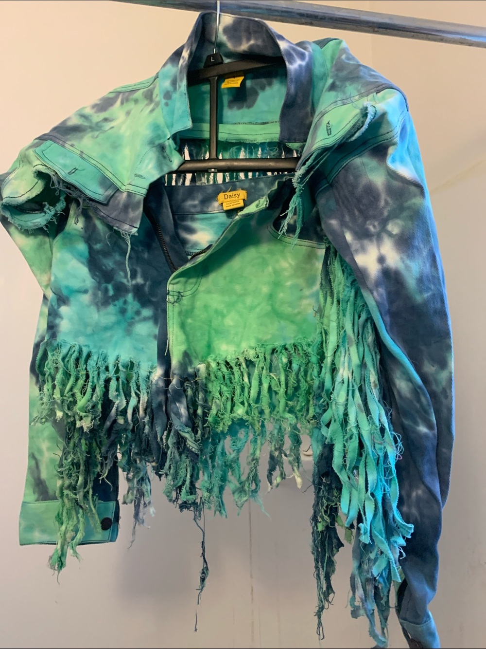 Daisy Tie-Dye Fringe Jacket in Aqua & Navy